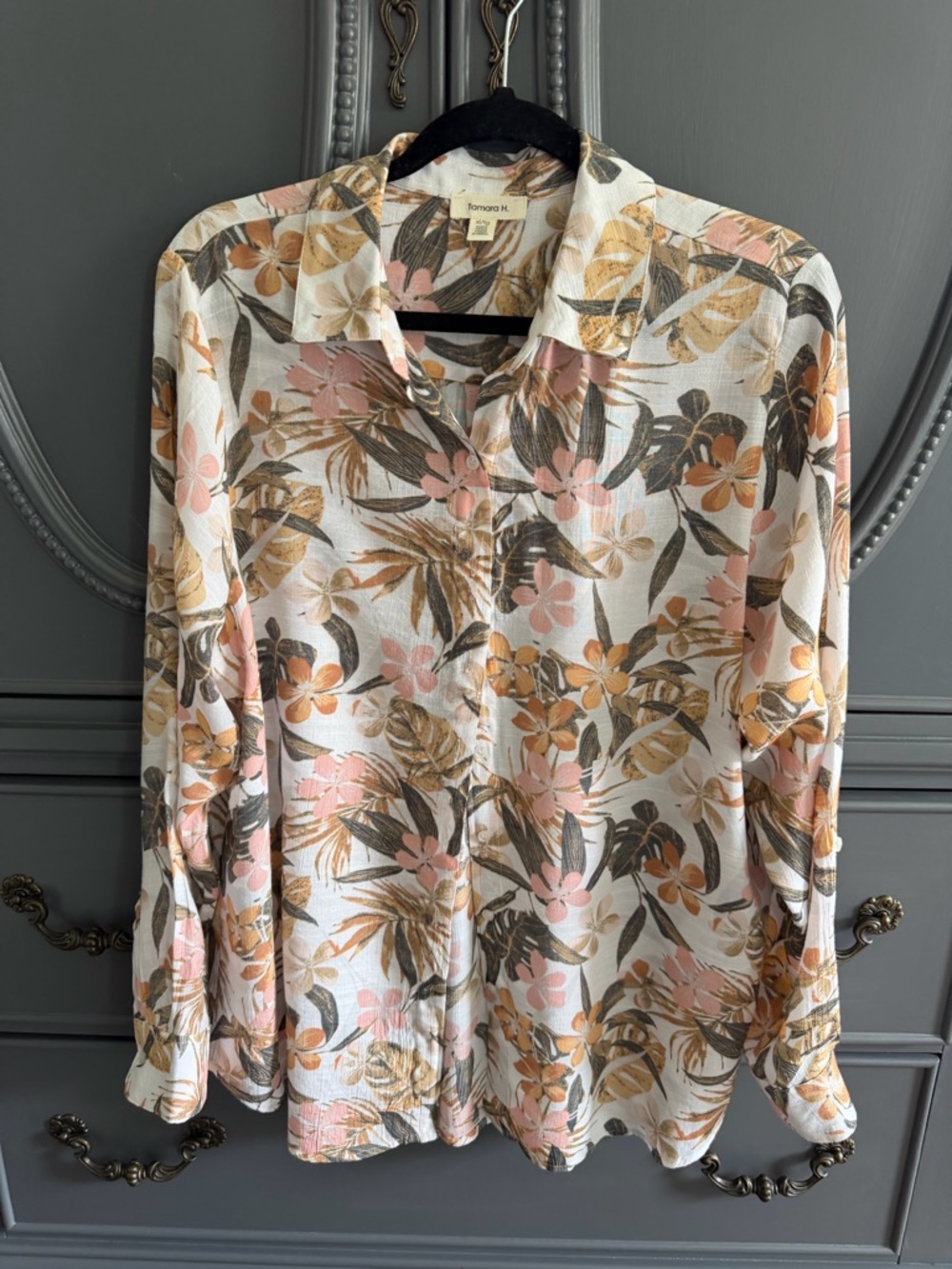 Tamara H Cream Floral Button-Up Blouse with Pink & Tan Accents